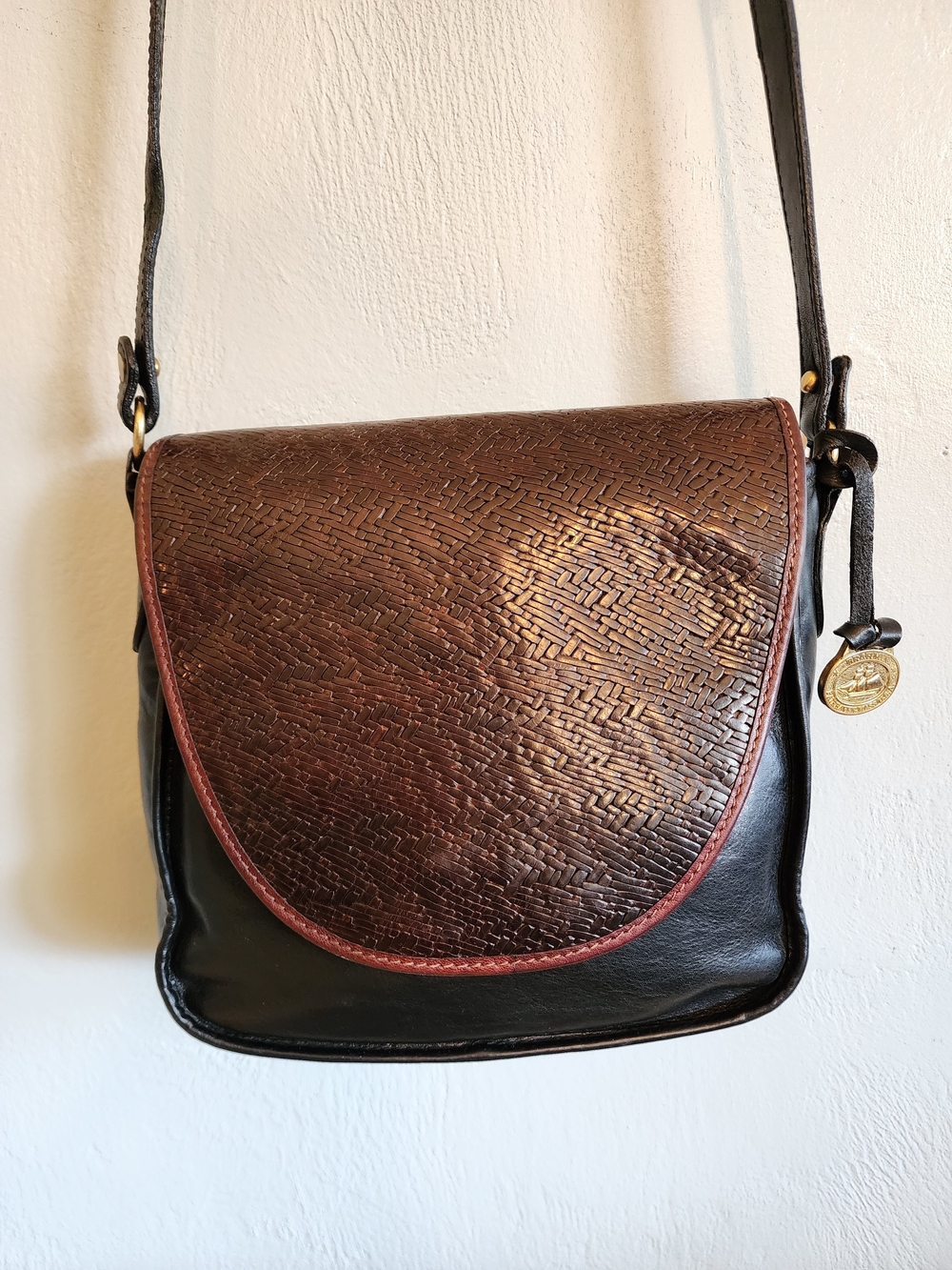 Vintage Brahmin Black Leather Crossbody with Brown Woven Flap